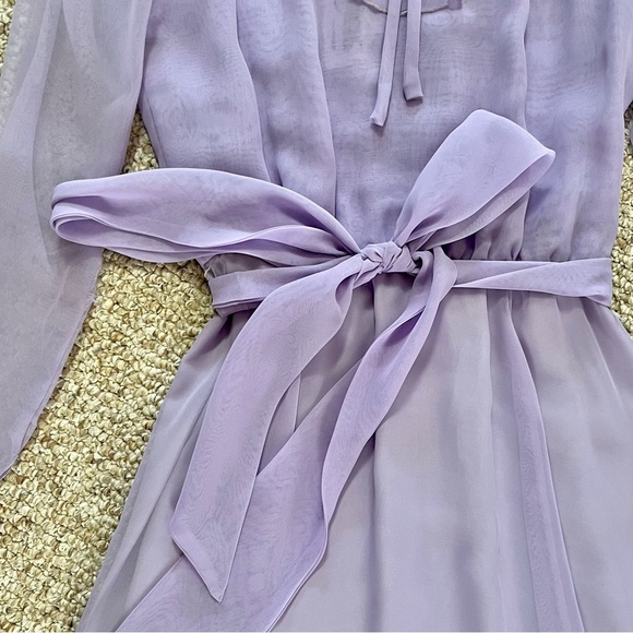 Vintage Miss Elliette purple ruffle midi dress with sheer sleeves and a tie belt - Picture 2 of 9